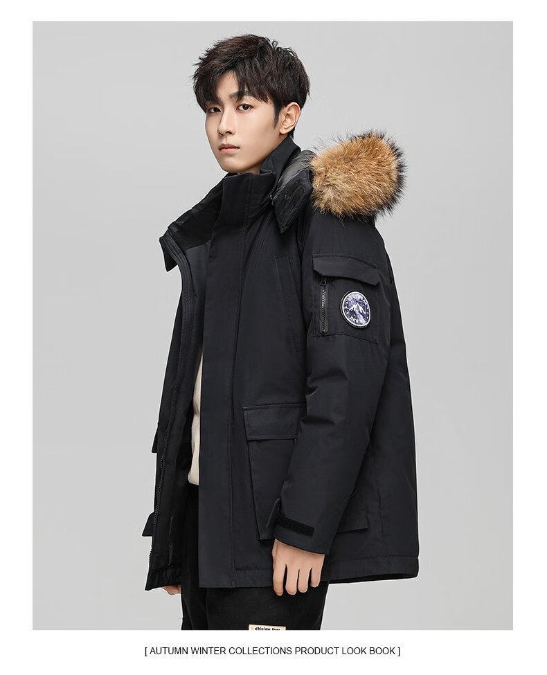 Men's American Style Winter Parka with Large Fur Collar, Mid-Length Outdoor Couple's Jacket, Mountain Windbreaker