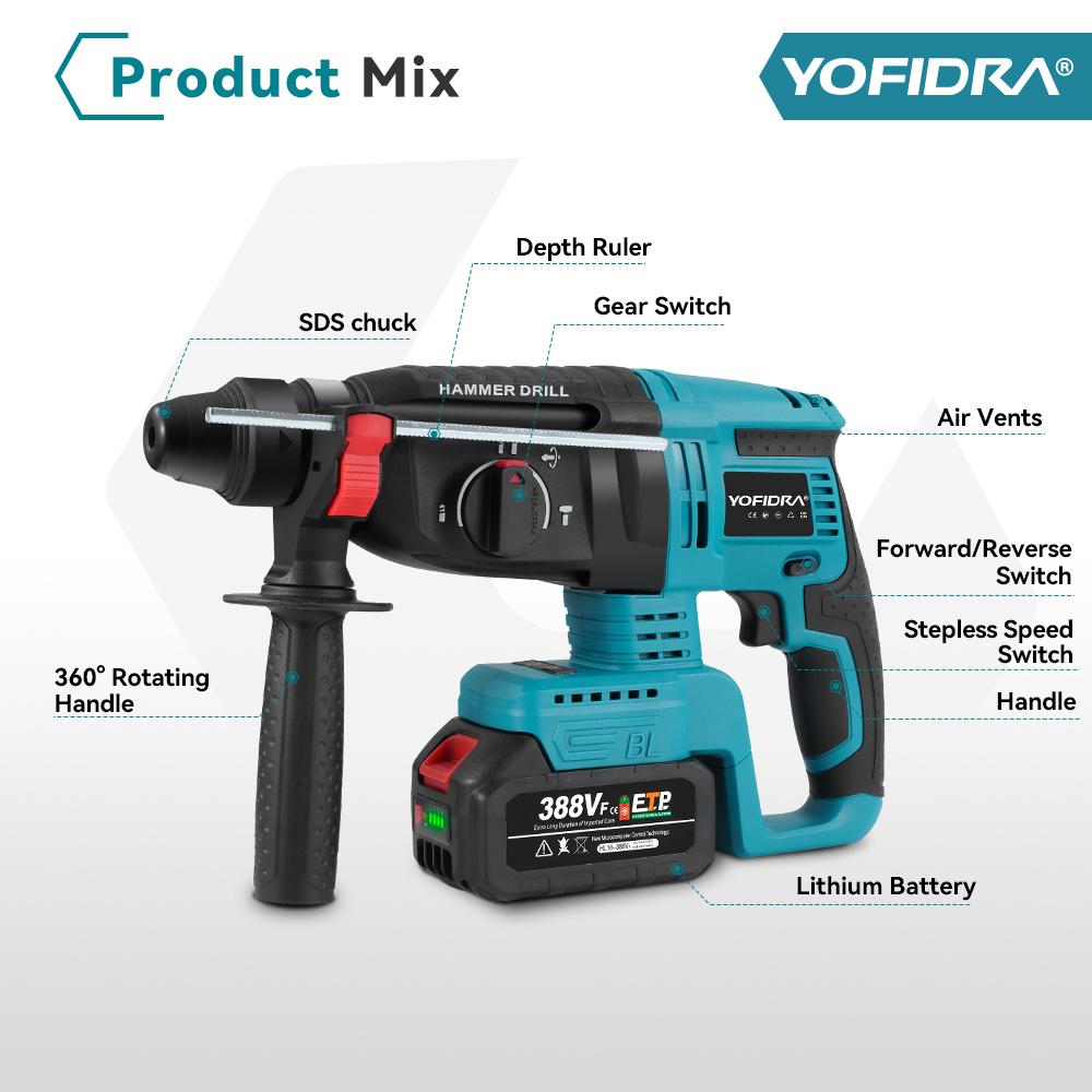Yofidra 26MM Brushless Electric Hammer Drill Multifunctional Rotary Cordless Rechargeable Power Tools For 21V 18V Battery