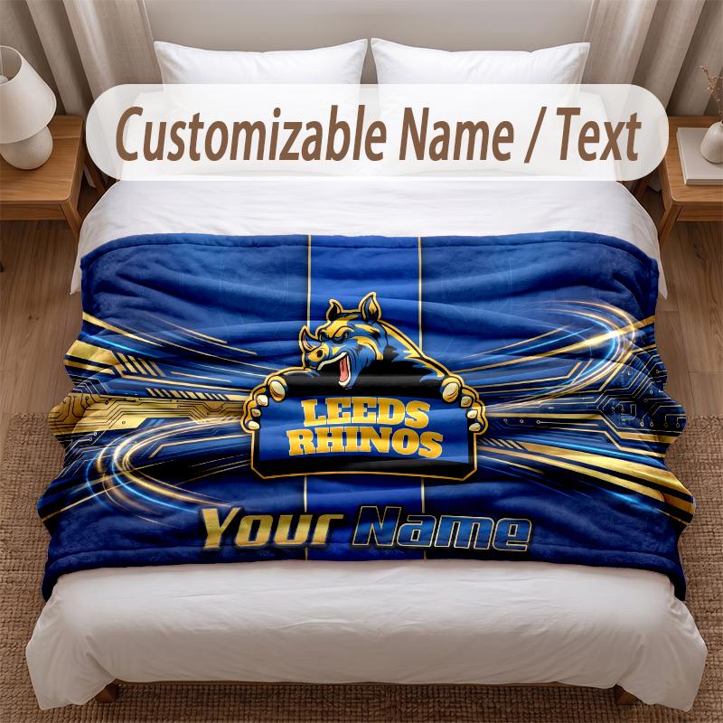 Leeds Rhinos Bedruckte Flanelldecke Benutzerdefinierter Name Text Weiche Warme Decke für Schlafzimmer Feiertagsgeschenk