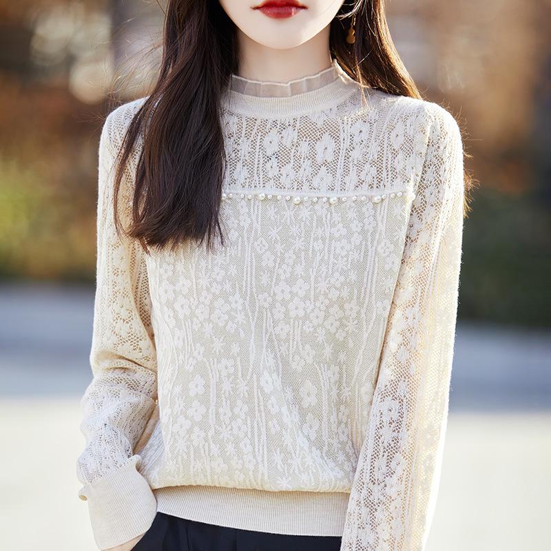 Spring New Style Beaded Lace Lapel Long-sleeved Base Loose Cutouts Top