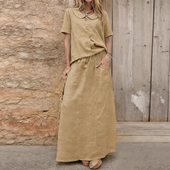 Women's 2 Piece Skirt Set Cotton Linen Short Sleeve Top And Maxi Skirt Matching Sets Summer Casual Vacation Outfits with Pockets