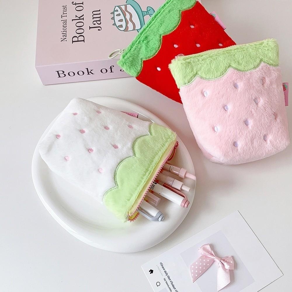 Zipper Design Plush Strawberry Keychain Lipstick Card Bag Earphone Bag Gift Giving
