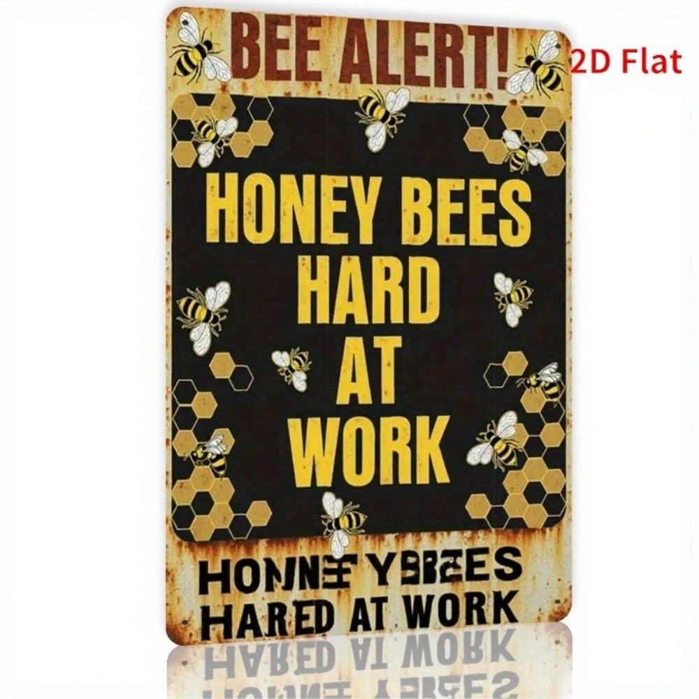 Vintage Metal Wall Art Bee Alert Rusty Iron Sign Honeycomb Decor 7.8x11.8 Inch