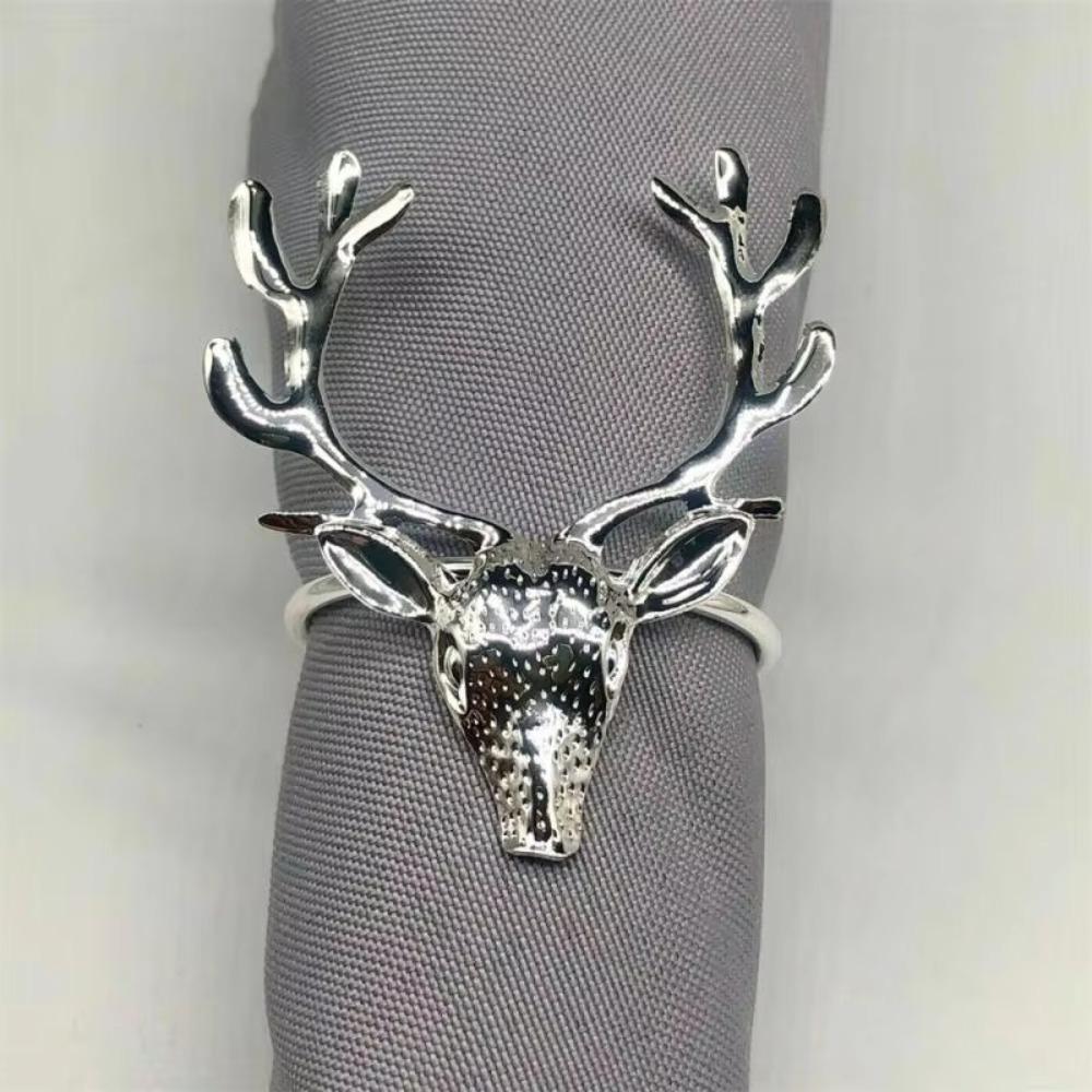 6Pcs Reusable Elk Head Napkin Holder Electroplated Napkin Buckle Christmas Deer Napkin Ring  Hotel