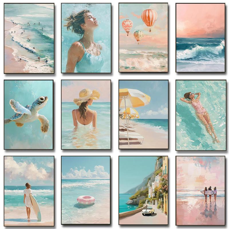 Dreamy Pastel Summer Beach Posters Woman Swimming Umbrella Sea Turtle Prints Canvas Painting Wall Picture Home Living Room Decor