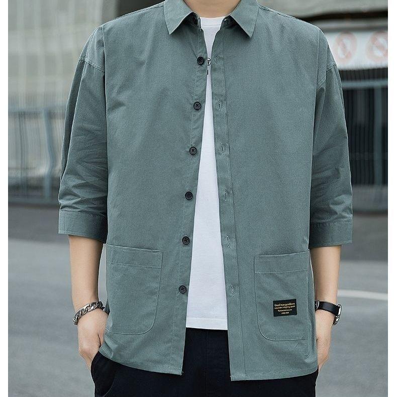Men's Pure Cotton Seven-Sleeve Shirt - Spring/Summer Solid Color, Loose Fit, Trendy Casual Workwear with Versatile Pocket.