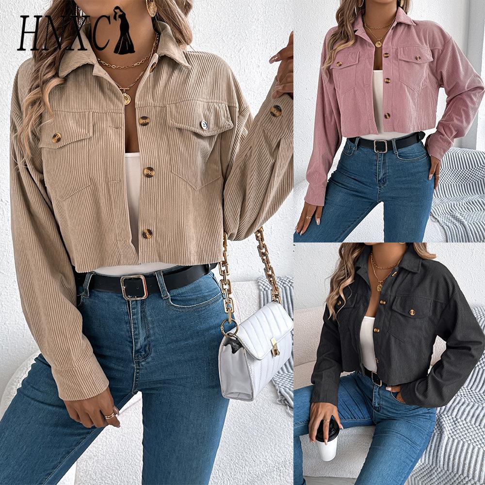 HNXC Autumn and Winter Casual Pocket Long-sleeved Corduroy Short Jacket for Women's Wear