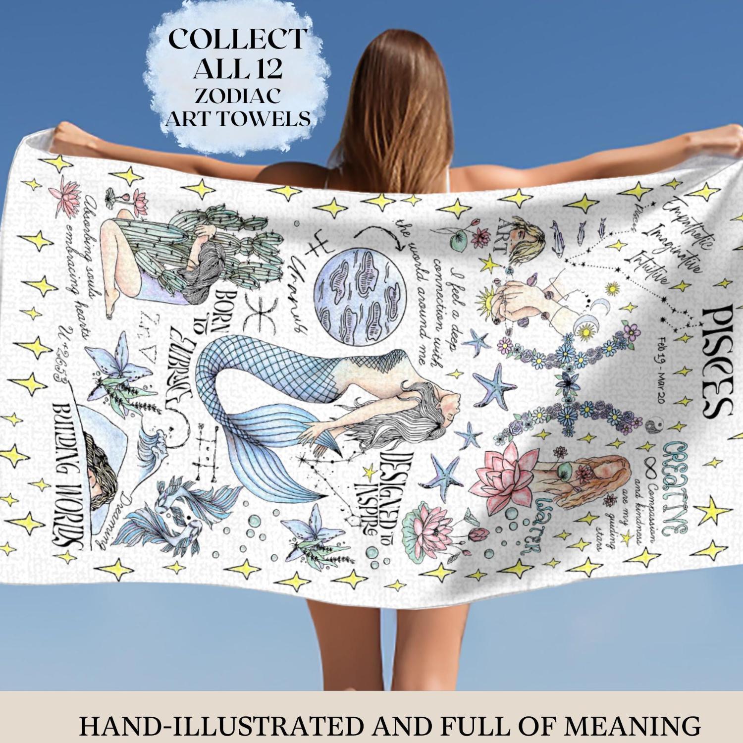 Lampada Women's White Zodiac Beach Towel Aries Art Celestial Cloth Mermaid Birthday Gift Pisces Astrology Bridesmaid Gift Daughter