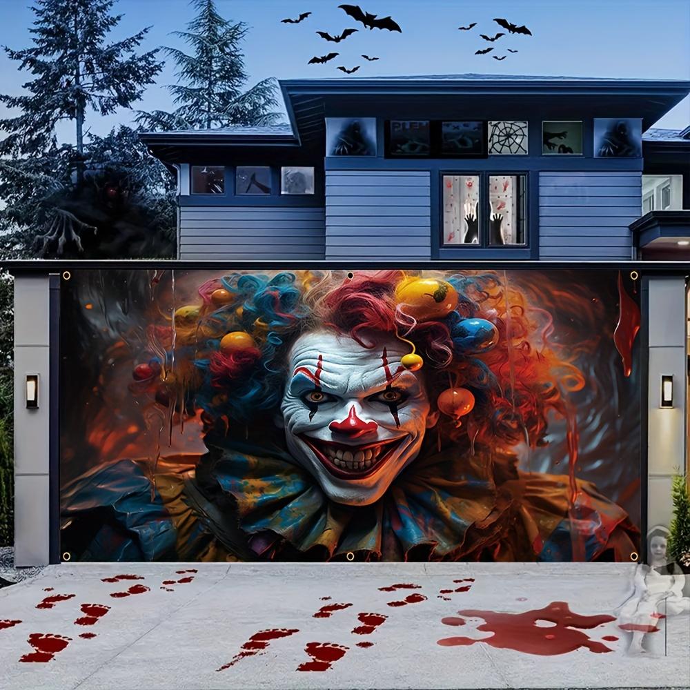 Horror-themed party background Halloween clown garage door banner creepy night entrance mural decoration