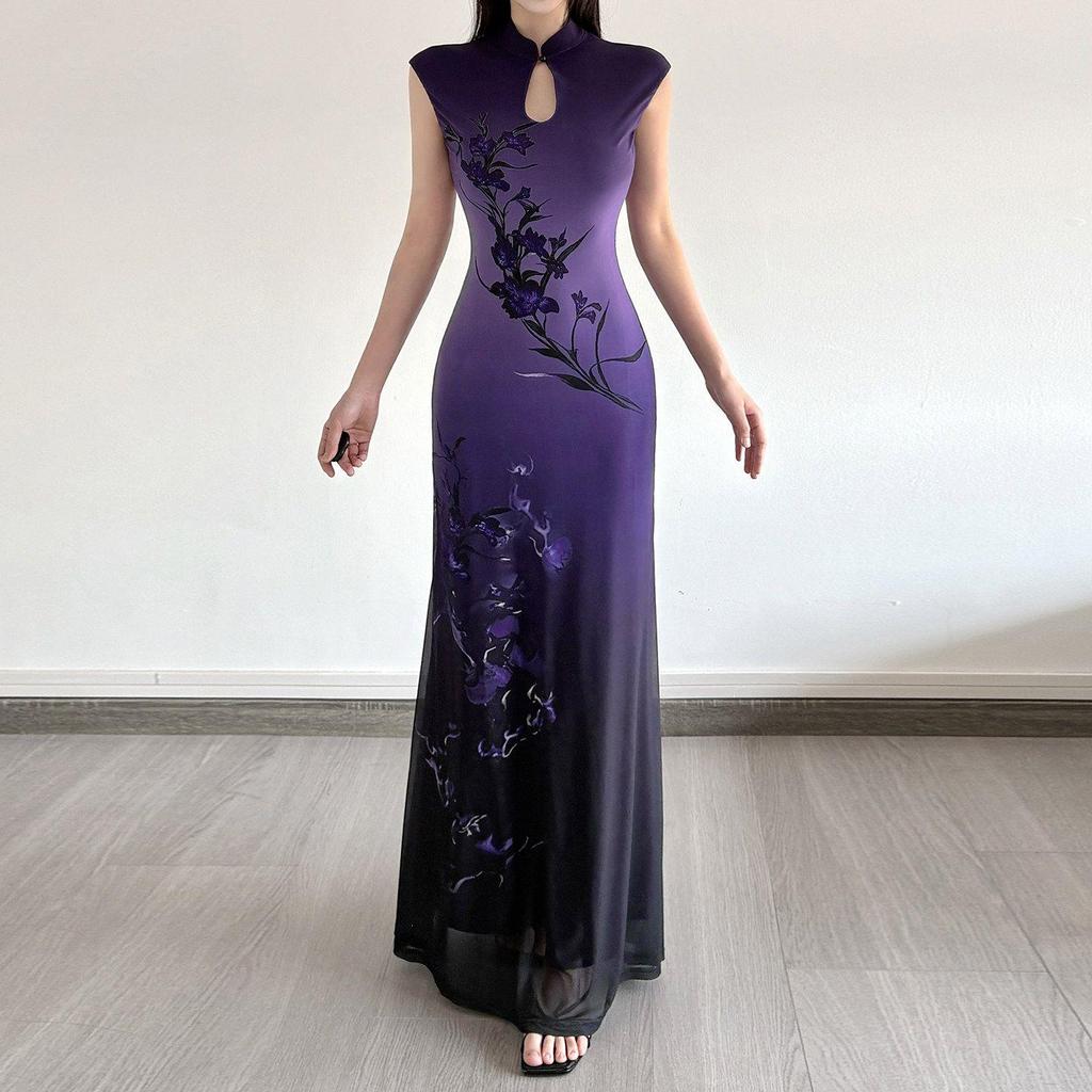 Retro Wisteria Floral Stand Collar Cheongsam Dress - Chinese-Style Slim Fit