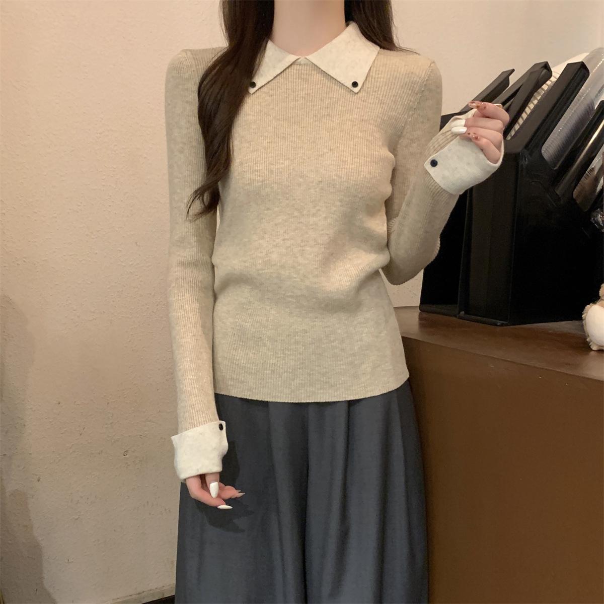 

Женский вязаный свитер контрастного цвета с воротником, уменьшающий возраст, осенне-зимний базовый свитер с длинными рукавами и дизайном плеч L