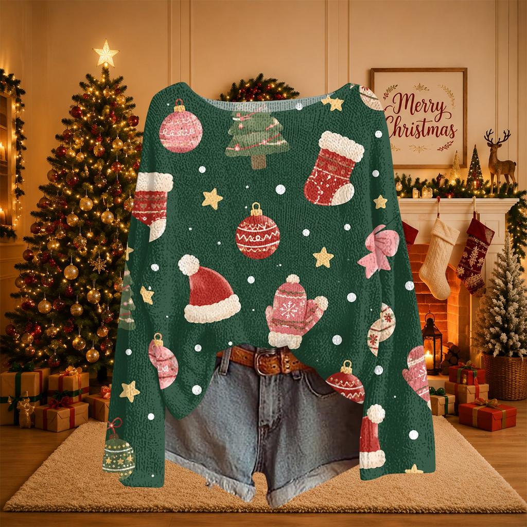 Women's Christmas Print Lightweight Knit Sweater Casual Long Sleeve Pullover Top