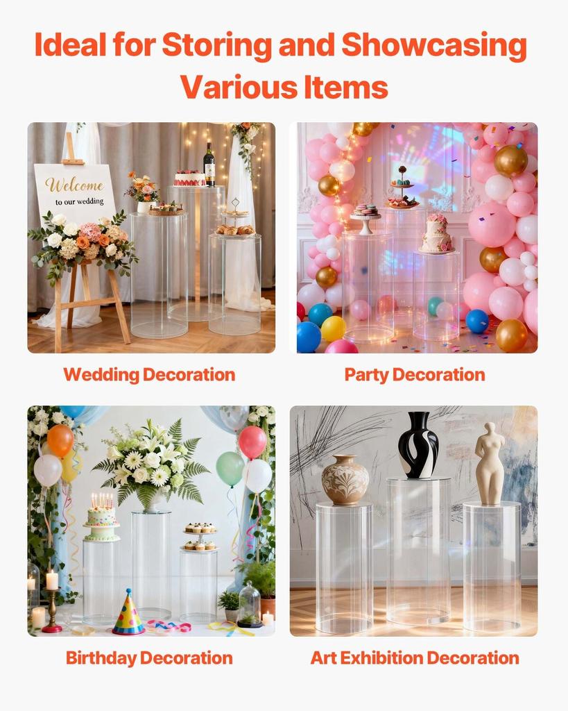 Wedding Flower Stand, 3PCS 60/75/90cm Round Cylinder Plinth, Clear Pedestal Stand with Transparent Acrylic Lid, Cylindrical Pedestal Stands for