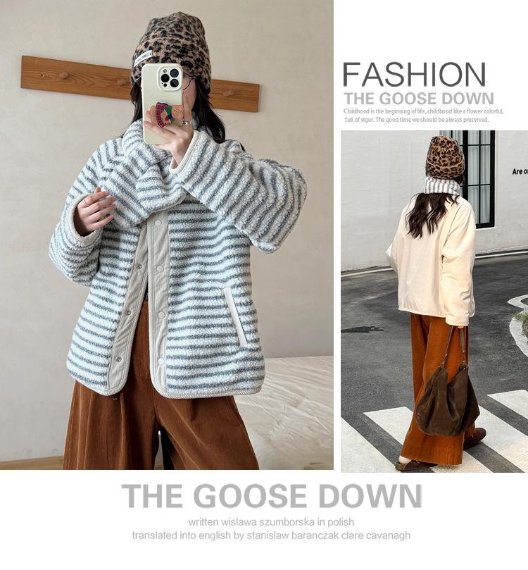 Women's Short Winter Double-Sided Lambswool Cotton Jacket - Korean Style, Casual, Loose Fit, Round Neck.