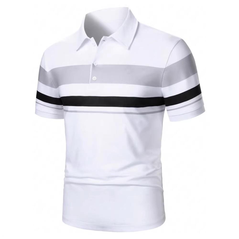 Summer Men New Short Sleeve Stripe Polo Shirt Men Business Casual Lapel Golf Polo Shirt Tops 100% Polyester