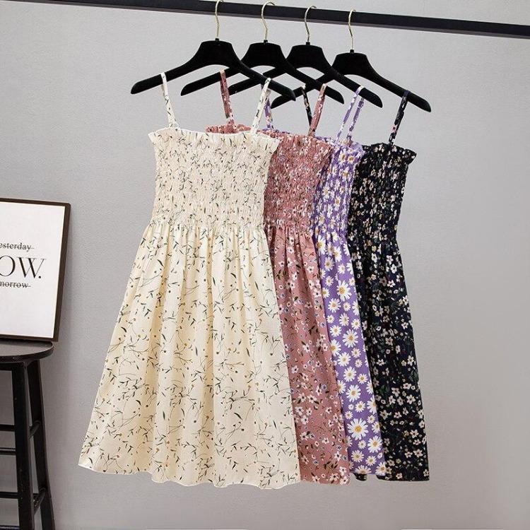 2023 Sommer Blumenbedrucktes Chiffon Mini Kleid Damen Lässig Mode Spaghetti Träger Ärmellos Elastisches Hochtaillenkleid