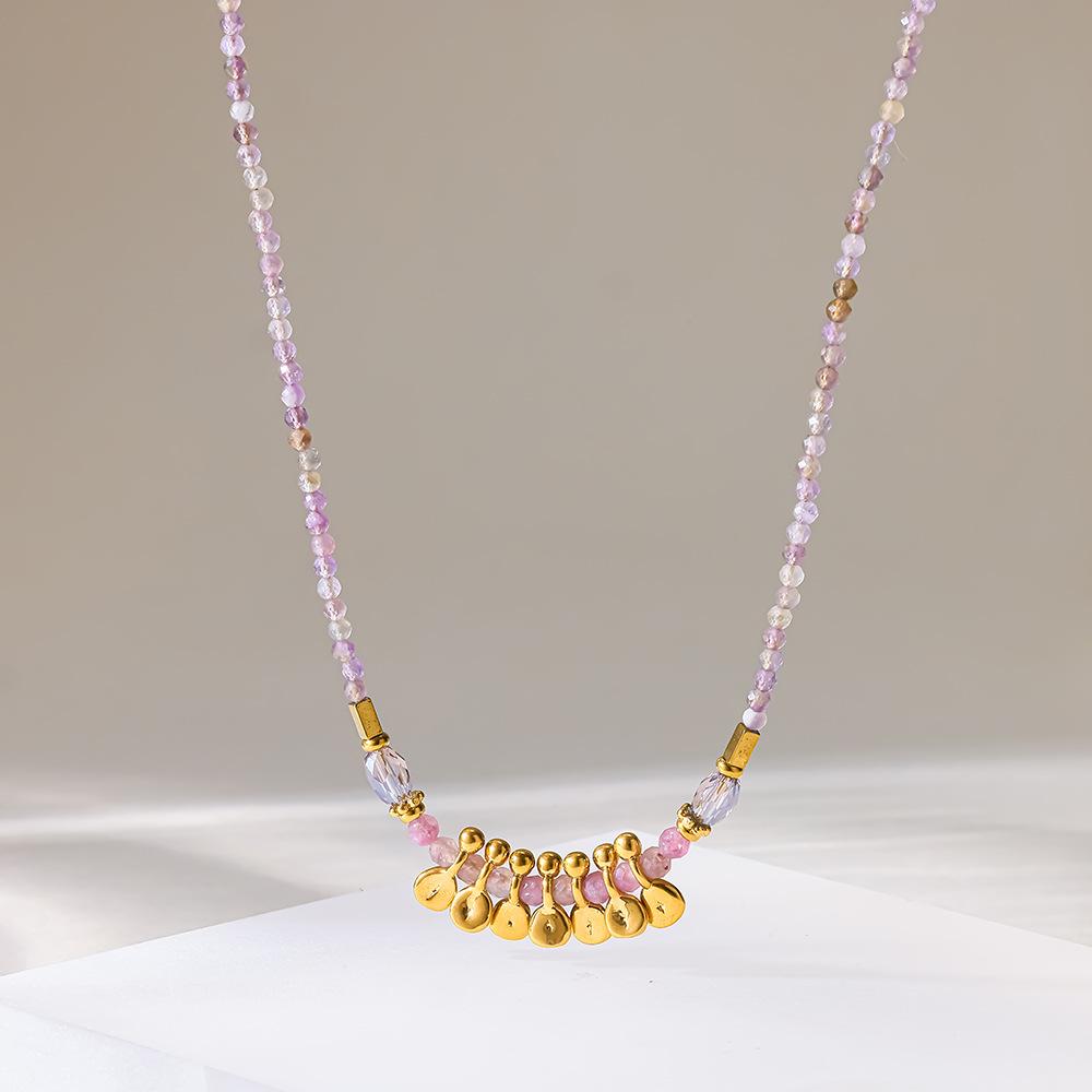 European and American sweet wind lavender natural stone beaded necklace niche plated 18k gold stainless steel disc fringed collarbone chain
