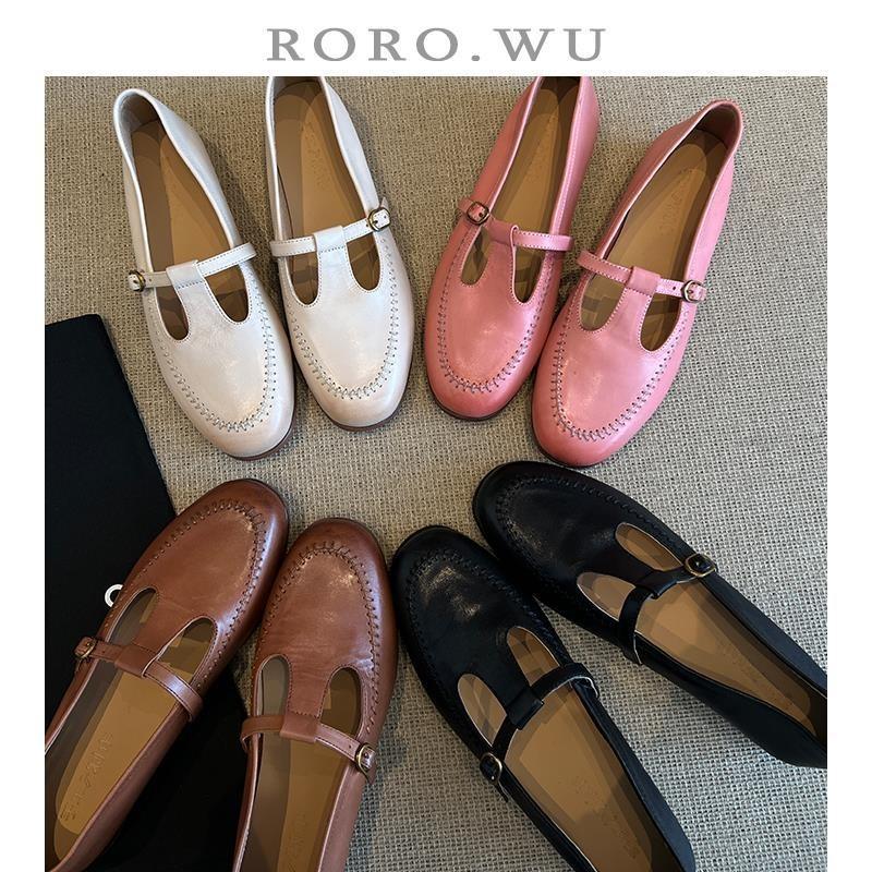 Cowhide version~ retro leather flat bottom women's new T-word with one pedal Mary Jane small leather shoes single shoes