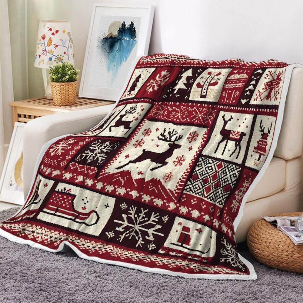 Weihnachtsrot Weiß Überwurfdecke - Weicher Flanell mit Schneeflocken Sternen Baum, Dekorativ für Zuhause Sofa Neujahr