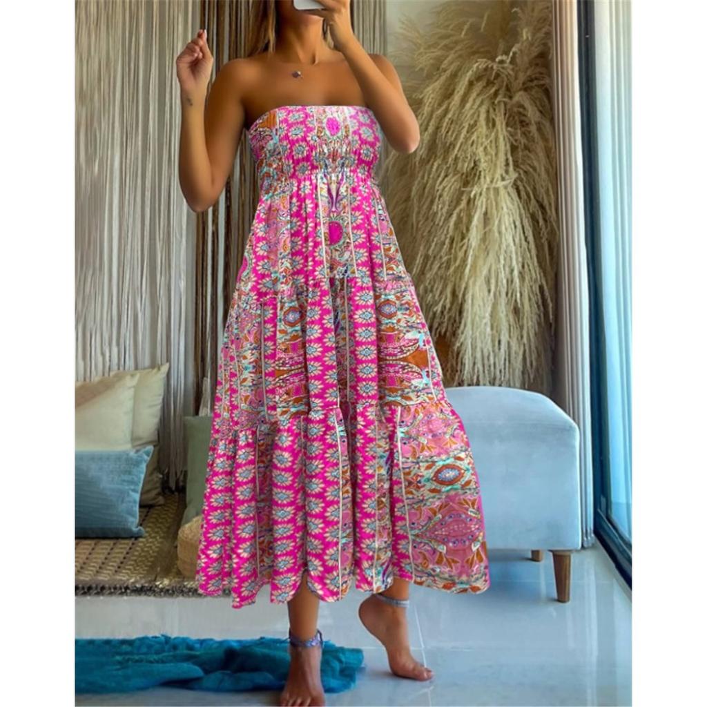 Sommer Neu Böhmischer Urlaubsstil Mehrfarbiger Druck Süßes Bustierkleid Große Schwingkleider für Frauen