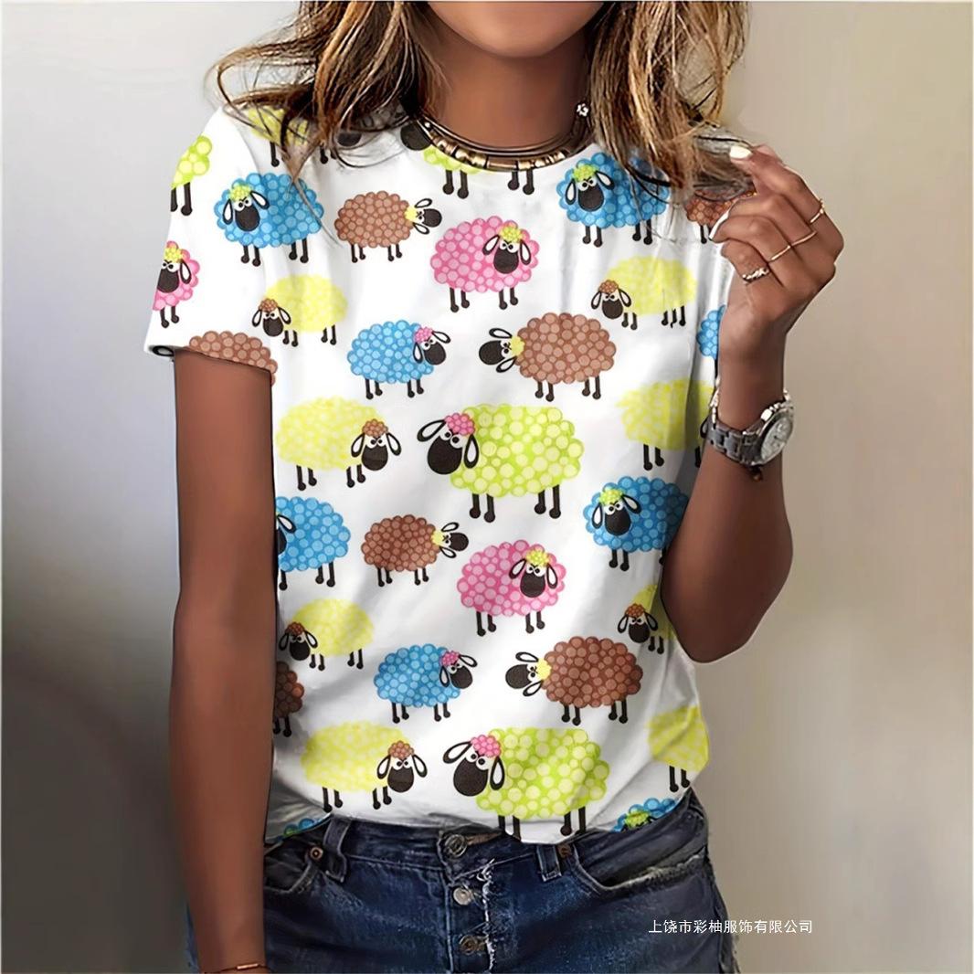 

Summer Round Neck 3D Cartoon Animal Patterns Printed Top Fashionable Casual Short Sleeved Women s T-shirts S