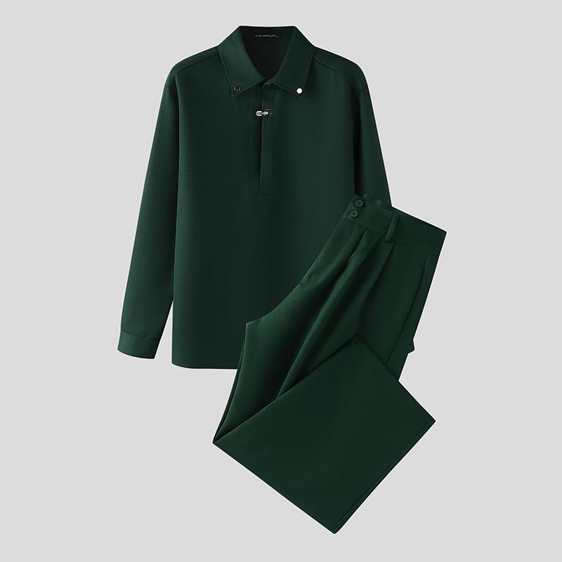 

INCERUN Oversized Men Sets Long Sleeve Shirts Long Pants Casual Two Pieces Outfits 5XL зелёный