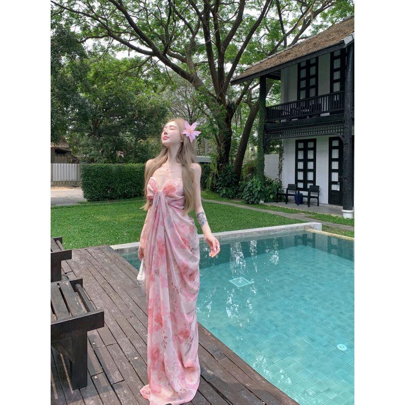 

Kumikumi Seaside Holiday Style Sleeveless Tube Top Tie-dye Dress Women Summer Slim fit Slimming A- line Skirt Long dress Pink S