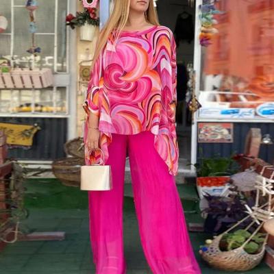 2 szt./zestaw Top damski Zestaw spodni Okrągły dekolt Kolorowy nadruk Nieregularny dół Rękaw w stylu Dolman Luźny top Wysoka talia Spodnie z szerokimi nogawkami Casual Codzienne zużycie