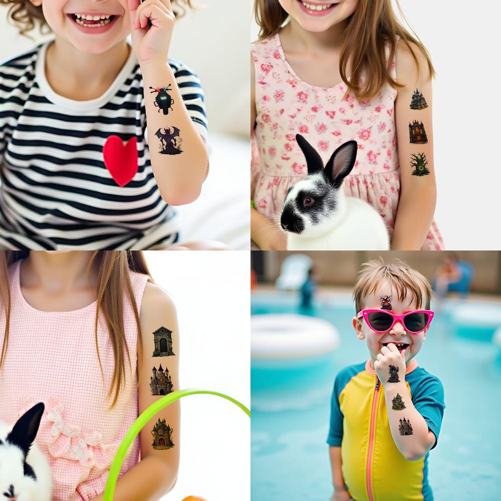 54pcs Temporary Tattoo Spooky Castle Cartoon Gothic Mansion Flying Drone Temporary Tattoo Stickers Haunted House For Cheeks
