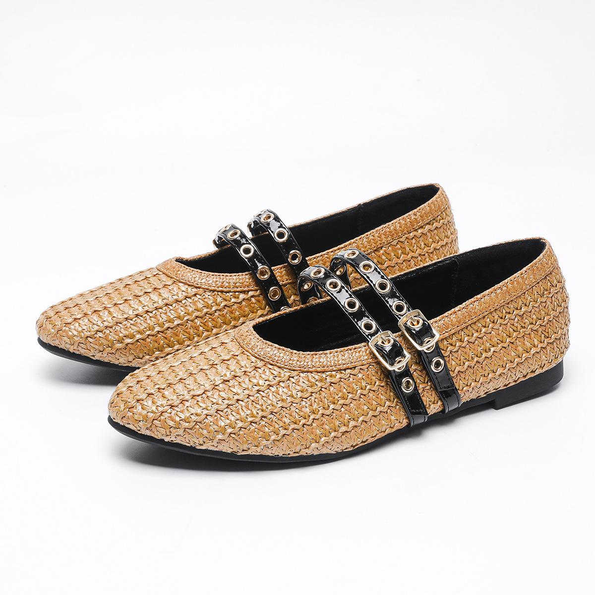 

Fashion Bohemian Double - Strap Mary Janes Women, Brown Woven - Detail Vacation Shoes, Stylish Leisure Footwear 35 коричневый