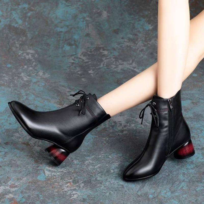 fashion Women Pointed Toe Ankle Boots Brand New Mid Heels Leather Shoes Casual Walking Shoes Woman Winter 2024 Trend Lace Up Botas Mujer