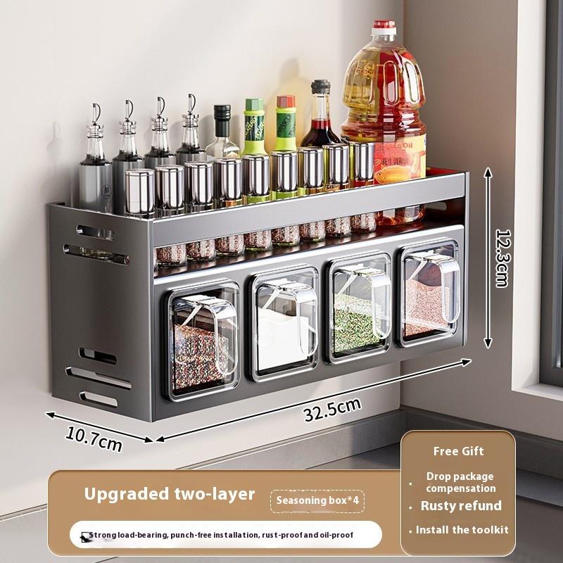 Kitchen Rack High-end Household Non-punching Wall-mounted Seasoning Box Oil Sauce and Vinegar Storage Rack Seasoning Tank Shelf