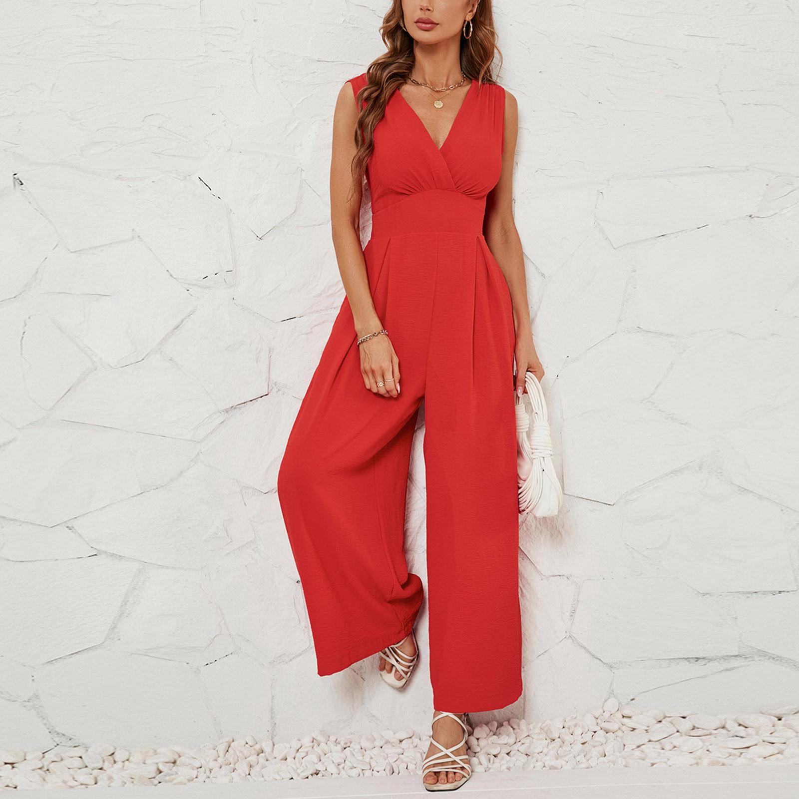 

Women s Summer V-Neck Sleeveless Fashion Waist-slimming Sleeveless Jumpsuit XL червоний