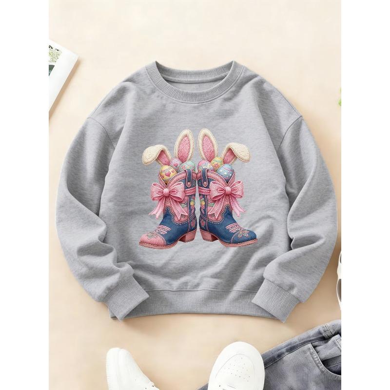 Kids Crewneck Long Sleeve Sweatshirt, Western Cowboy Boots & Bow Rabbit Print