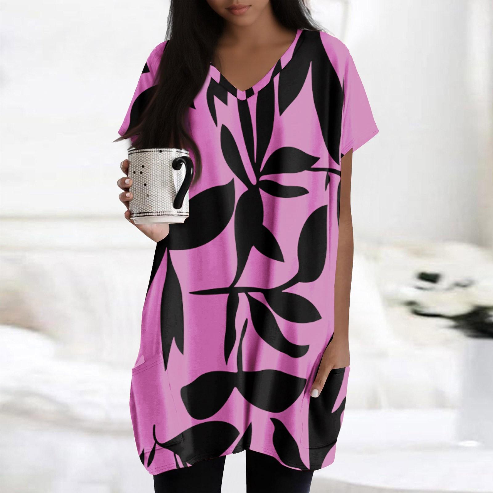 

Womens Tops V-neck Short Sleeve Blouses Casual Mid-length Shirts Fashion Print Tunic Tops With Pockets XXL