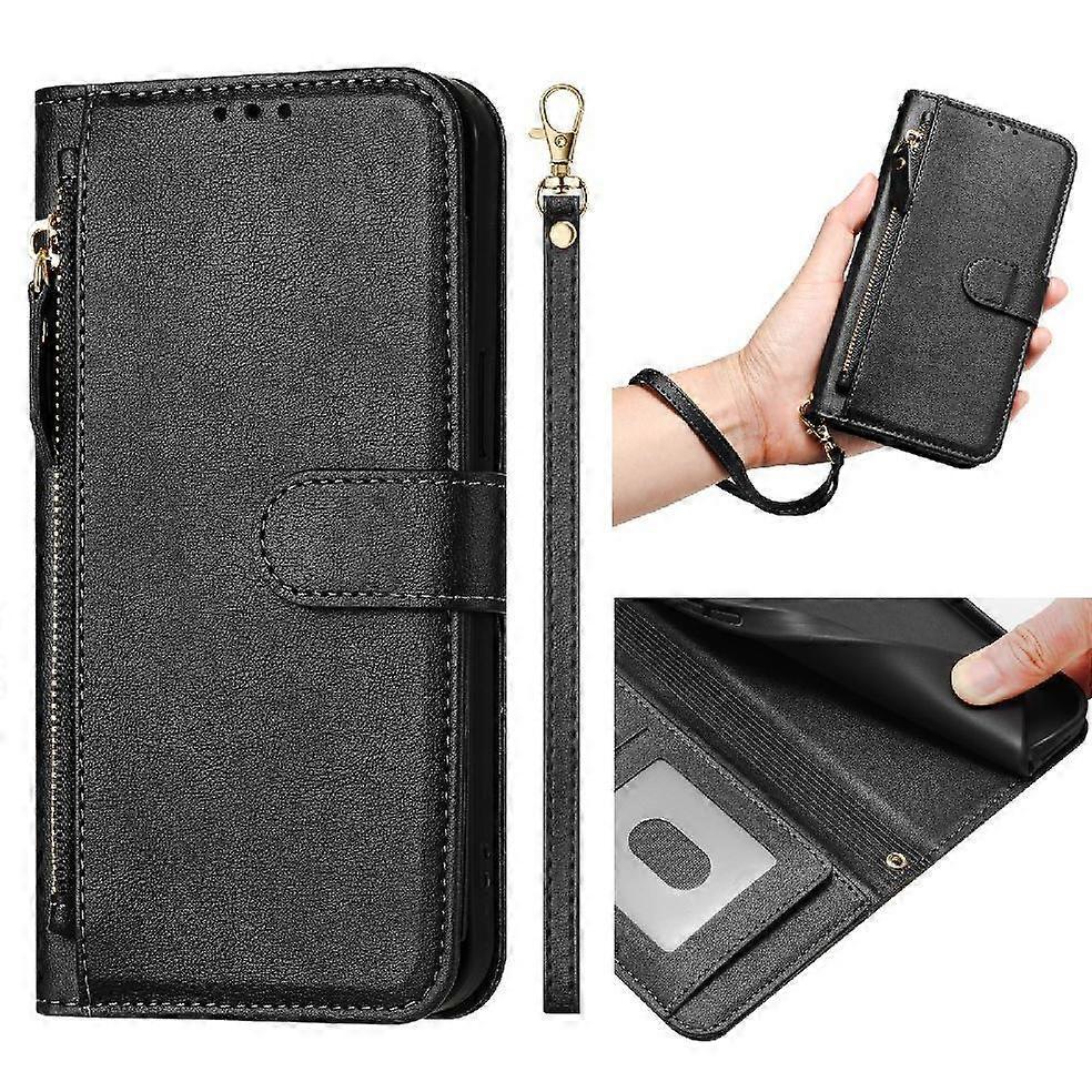 Wallet Phone Case for OPPO Reno 12F with Zipper Card Holder, Detachable Strap, Kickstand, Magnetic Closure