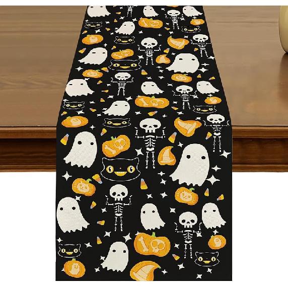 Halloween Table Runner 13x72 Inch Kitchen Dining Retro Gothic Crow Skull Roses Table Decor for Indoor Outdoor Farmhouse Home Holiday Party Decoration