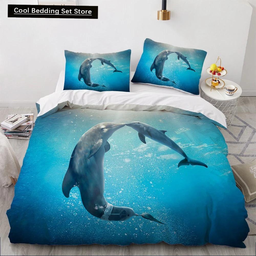 Dolphin Ocean King Queen Duvet Cover Cute 3D Sea Animal Bedding Set for Kids Teens Adults Shoal of Fish Blue 23pcs Quilt Cover