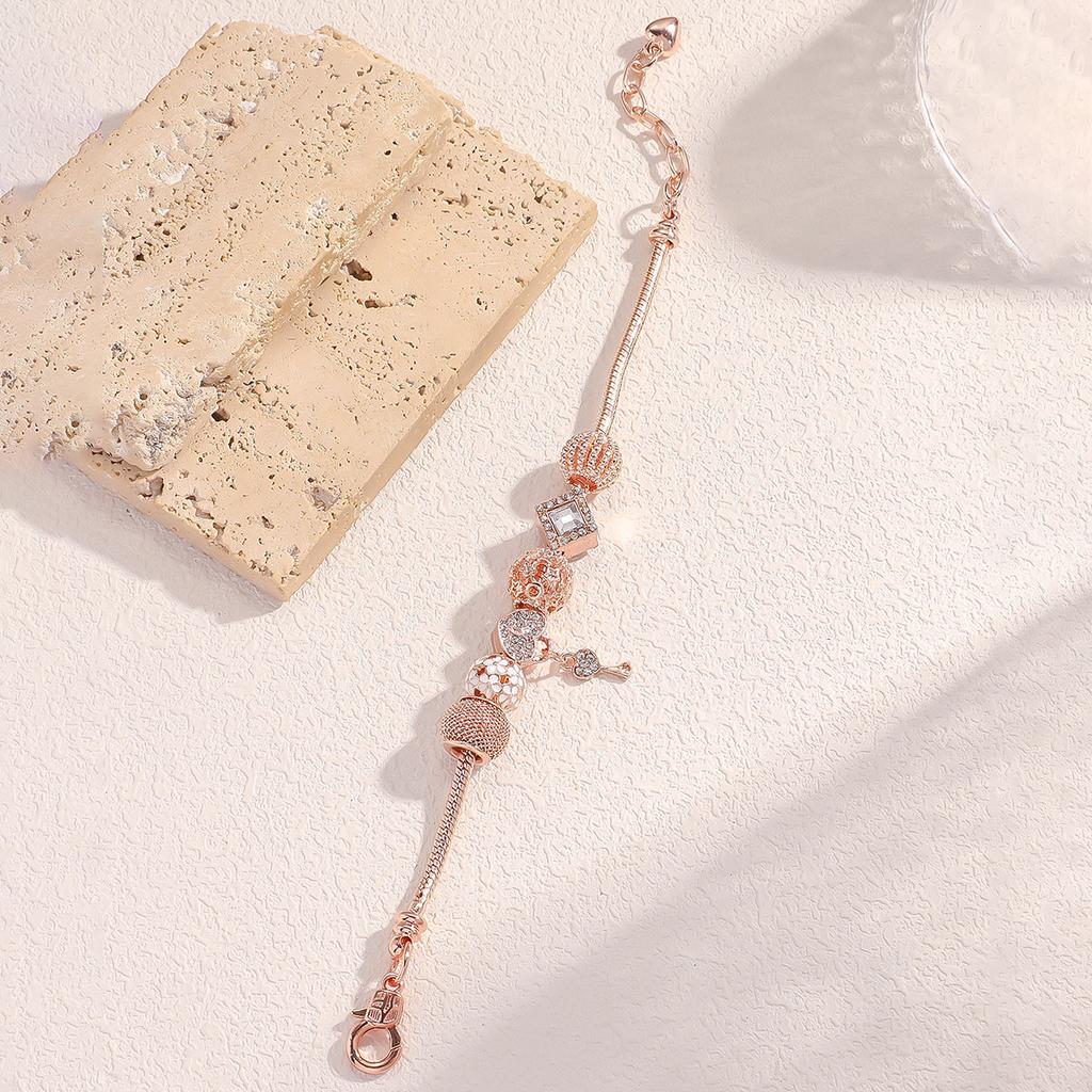 Women All Match Stainless Steel Crystal Love Lock Key Beads Bracelet