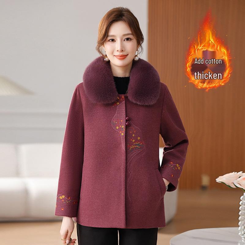 

Модное короткое шерстяное пальто для мамы - Утепленный хлопок для женщин среднего и пожилого возраста, Идеально для осени и зимы. 5XL (145-160 jin) темно-розовый