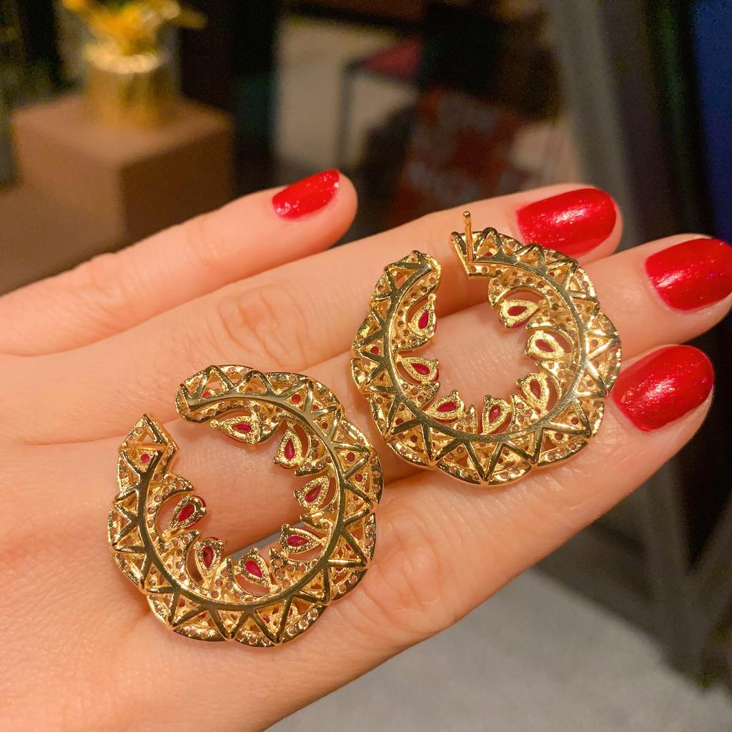 Jewelry Temperament Women'S Earrings Style Emerald Red Treasure Exaggerated Large Stud Earrings Earrings Full Of Diamonds