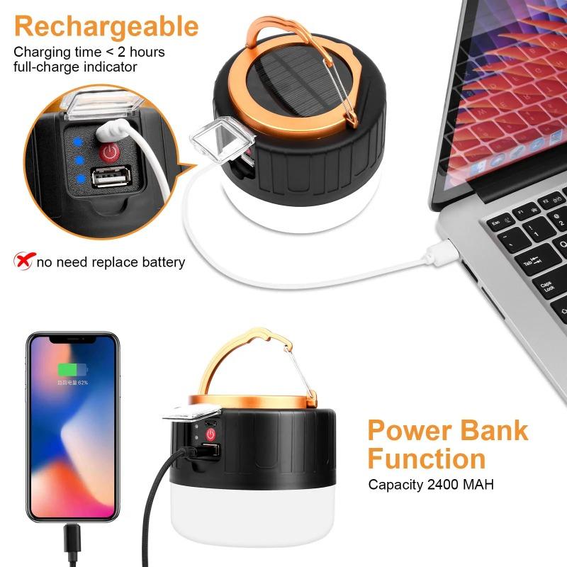 Światło Kempingowe LED Solarne i Ładowane przez USB Żarówka Wysokiej Mocy Lampa Namiotowa Zewnętrzna Przenośna Latarnia Światła Awaryjne Do Grilla Wędrówek