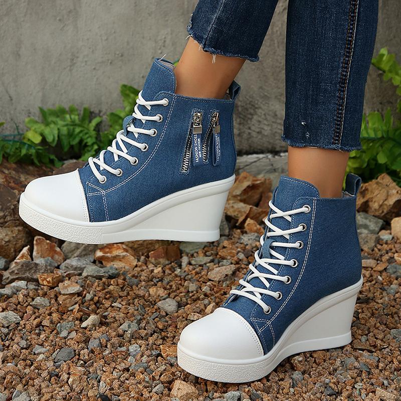 Fashion Women's Casual High Top Denim Sneakers Zipper Decor Wedge Heel Canvas Shoes Woman Fashion Lace Up Platform Ankle Boots Plus Size