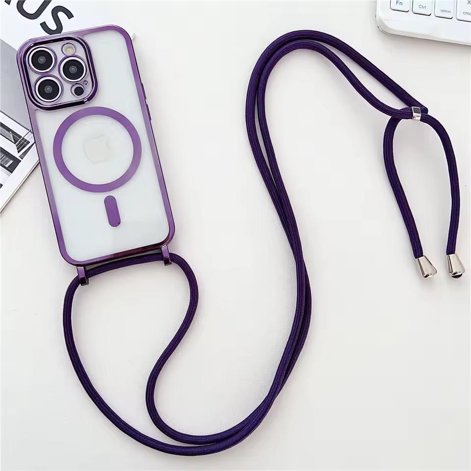 Luxusní šňůrka na krk Lanyard Pokovování Magnetický Průhledný Kryt na Telefon Pro iPhone 17 16 15 14 13 12 Pro Max 11 Pro Magsafe Měkký Kryt