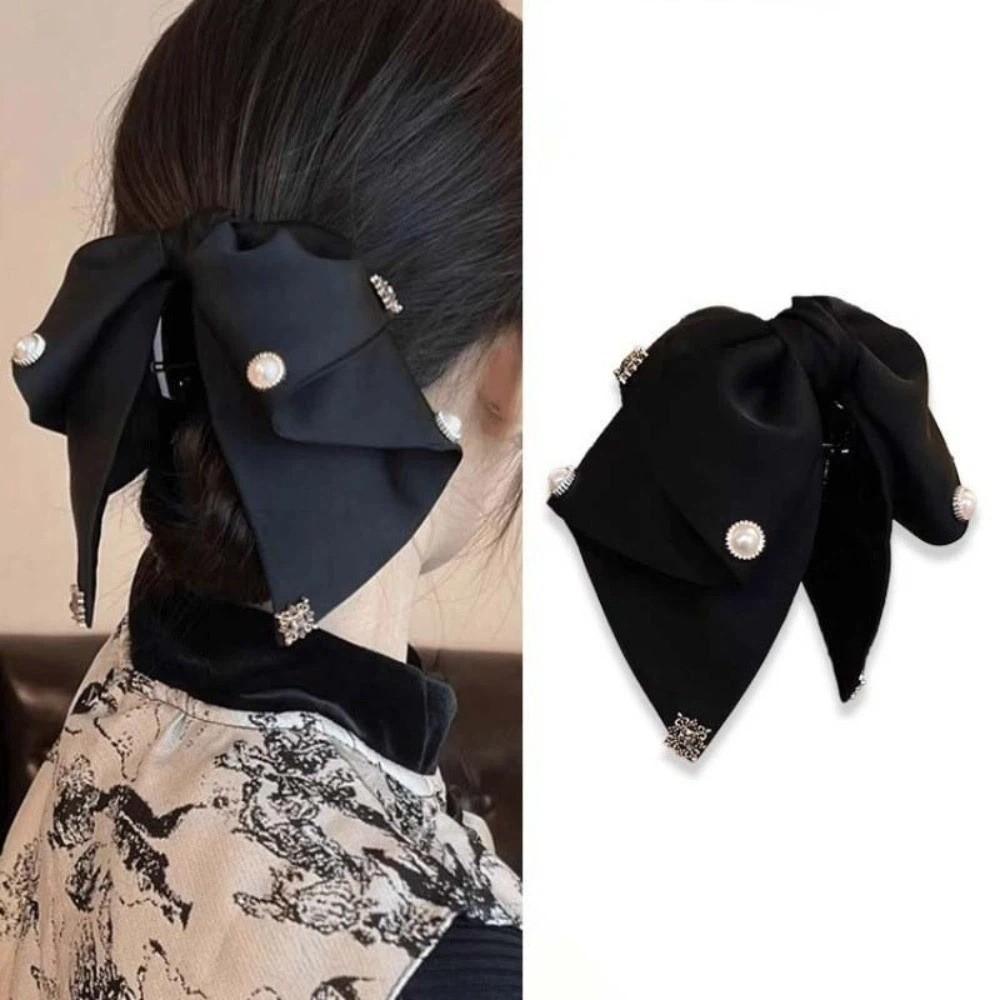Beads Black Bow Shark Clip French Style Women Sequin Hairgrips Shiny Rhinestone Hair Claw Daily