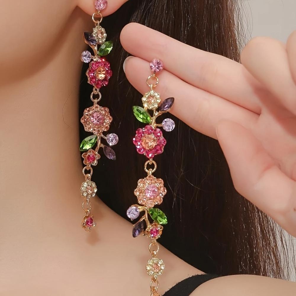 1 Pair Long Flower Drop Earrings Embellished Dangle Earrings  All Seasons Compatible
