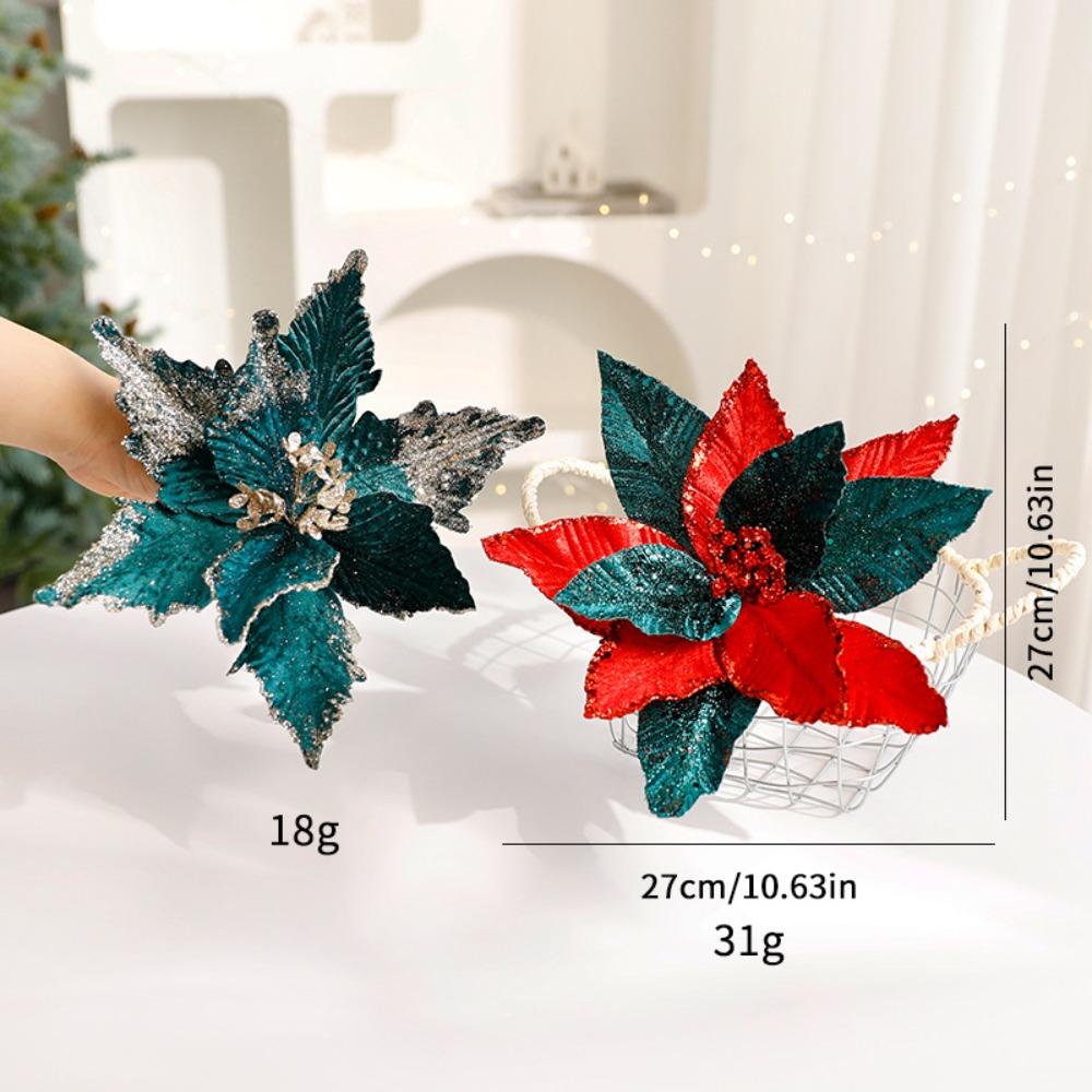 

New 17cm Yulan Flower Large DIY Poinsettia Glitter Flower Party Supplies Fake Flowers Christmas Flowers 0.6M