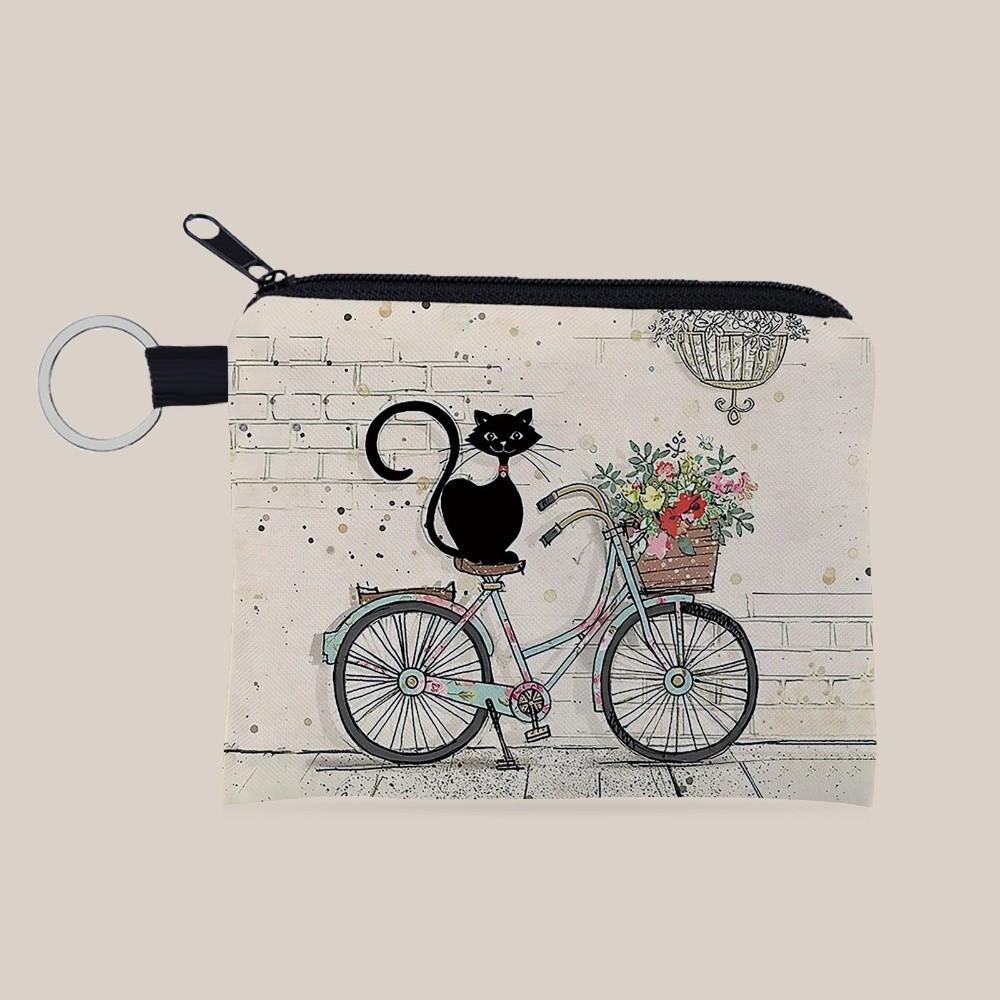 

New Cat Print Coin Purse Polyester Square Keychain Coin Pouch with Zipper Portable Small Wallet