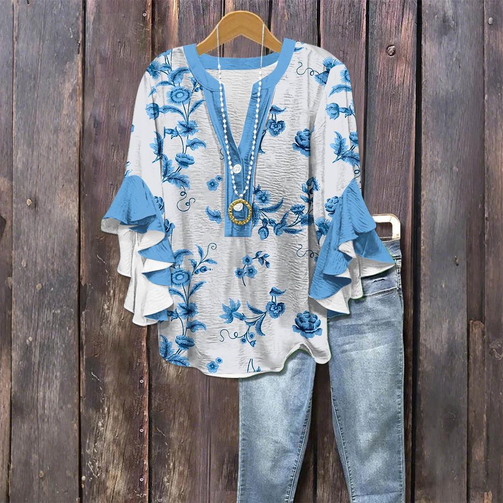 Women's Fashion Casual Button V-Neck Seven Sleeve Vintage Printed Shirt Top