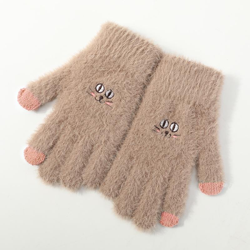 Women's Autumn Winter Split-Finger Plush Windproof & Coldproof Cute Knitted Gloves - DZ103